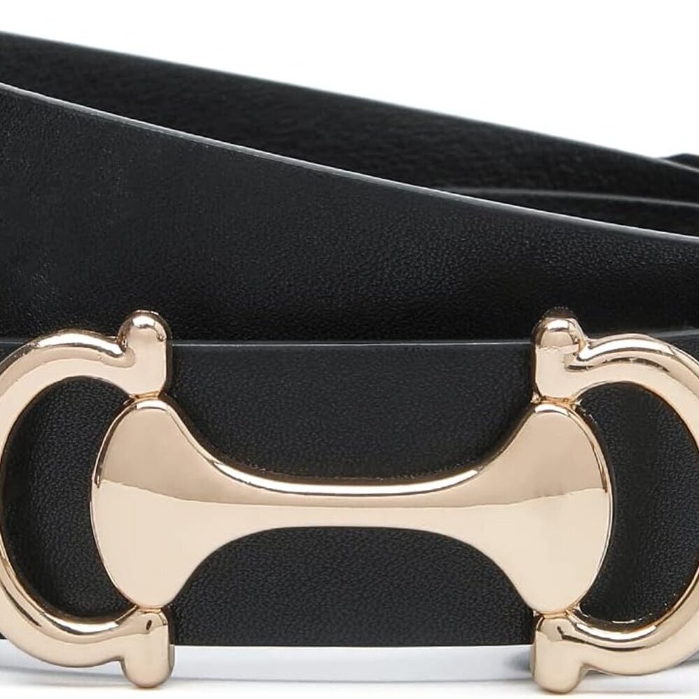Women Faux Leather Skinny Waist Belt With Gold Buckle For Jeans Dresses